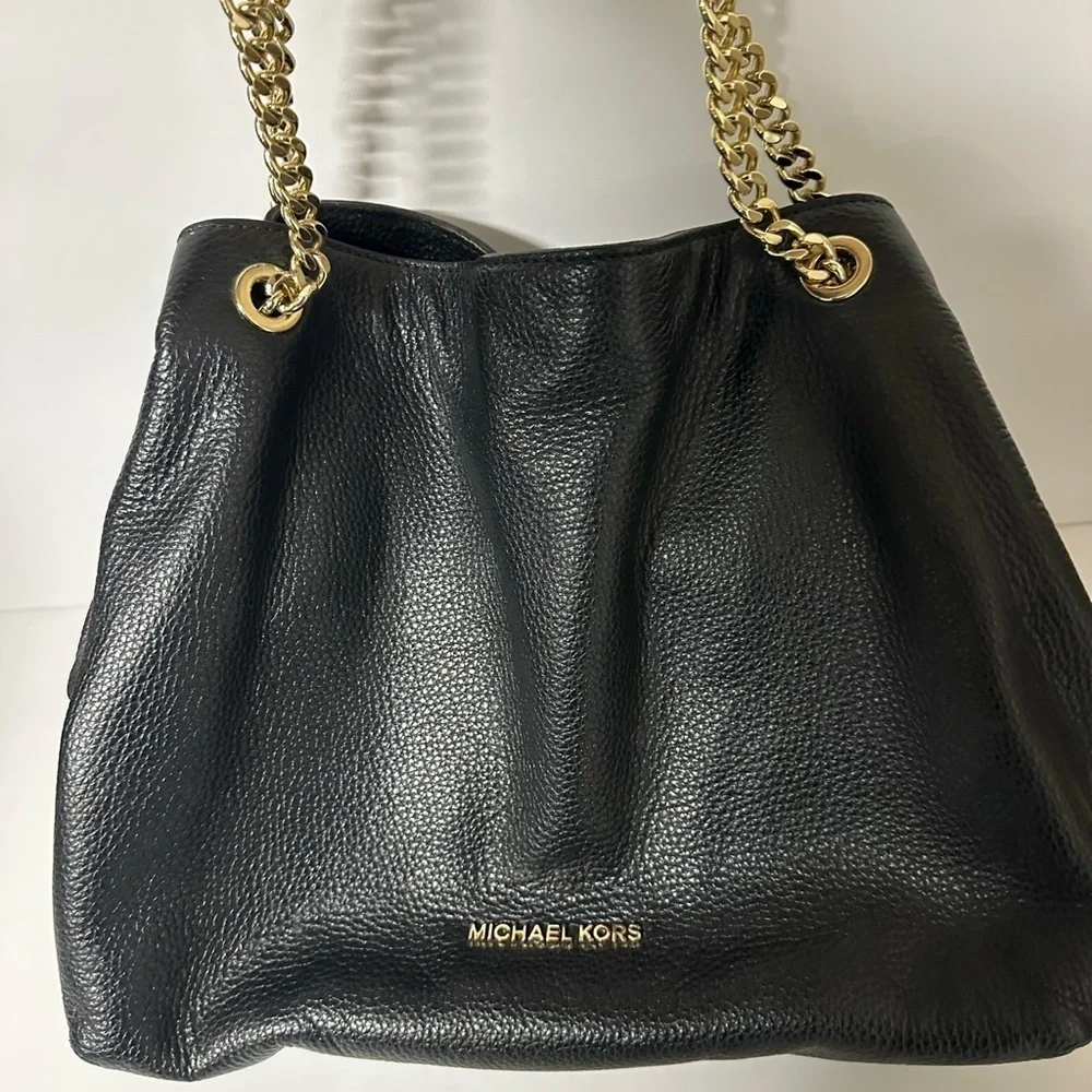 Michael Kors Black Slouchy Pebbled Leather Shoulder Bag with Gold Chain